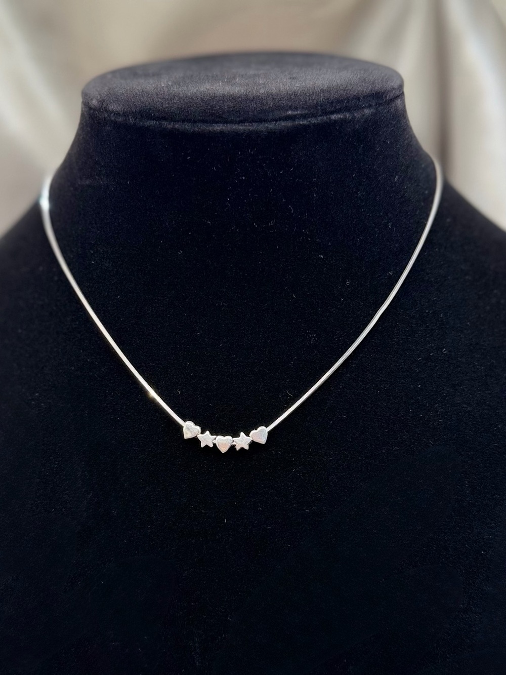 925 Sterling Silver Hearts & Stars Square Box Chain Necklace 16"